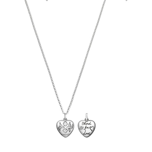 Blind for love necklace with flower and bird engraved heart pendant in shiny aged sterling silver YBB455542001