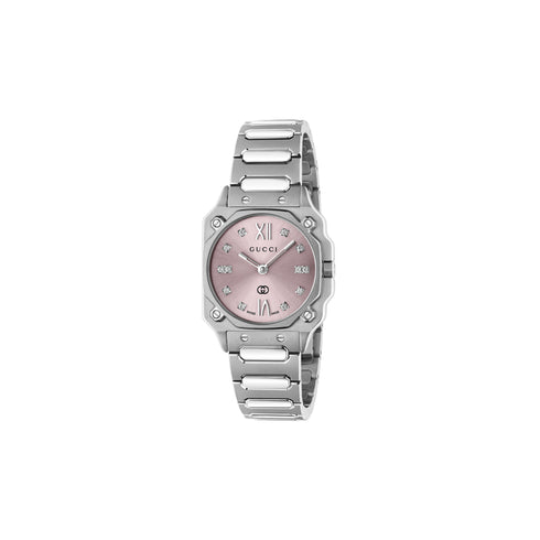 G-Flat 24 mm stainless steel case, Pink galvanized dial with roman indexes at 12 and 6 o’clock and diamond indexes, Stainless steel bracelet YA166501