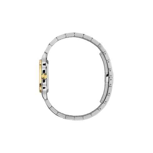G-Flat 24mm stainless steel case with 18kt yellow gold-plated bezel and screws, Silver galvanized dial with roman indexes at 12 and 6 o’clock and diamond indexes, Stainless steel bracelet YA166503