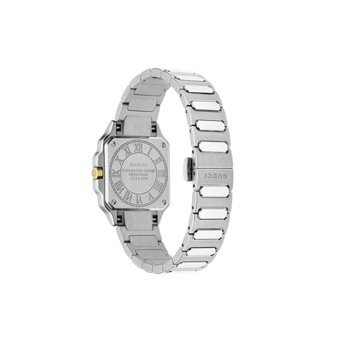 G-Flat 24mm stainless steel case with 18kt yellow gold-plated bezel and screws, Silver galvanized dial with roman indexes at 12 and 6 o’clock and diamond indexes, Stainless steel bracelet YA166503