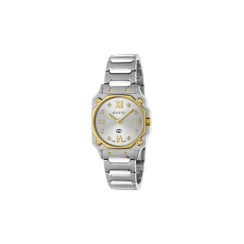 G-Flat 24mm stainless steel case with 18kt yellow gold-plated bezel and screws, Silver galvanized dial with roman indexes at 12 and 6 o’clock and diamond indexes, Stainless steel bracelet YA166503