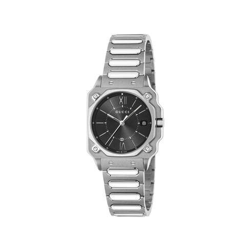G-Flat 30mm stainless steel case, Black galvanized dial with roman indexes at 12 and 6 o’clock and date at 3 o'clock, Stainless steel bracelet YA166505