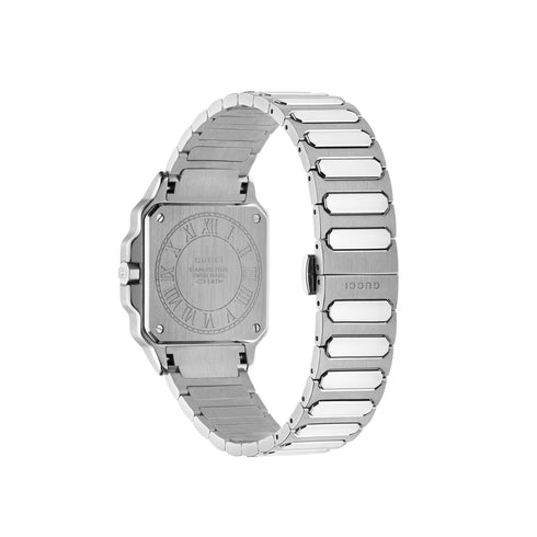 G-Flat 30mm stainless steel case, Black galvanized dial with roman indexes at 12 and 6 o’clock and date at 3 o'clock, Stainless steel bracelet YA166505