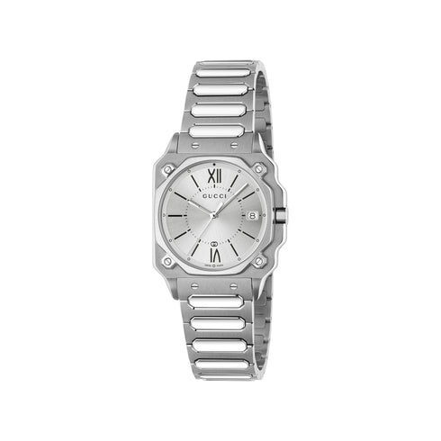 G-Flat 30mm stainless steel case, Silver galvanized dial with roman indexes at 12 and 6 o’ clock and date at 3 o'clock, Stainless steel bracelet YA166504