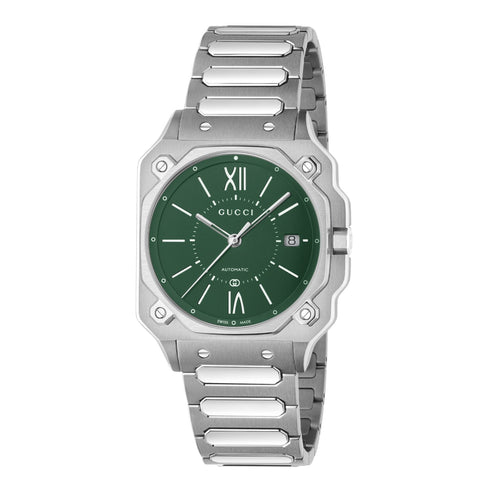 G-Flat 36 mm stainless steel case, green opaline dial, date opening, stainless steel bracelet, self-winding movement YA166404
