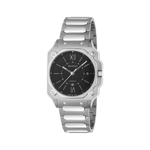 G-Flat 36mm stainless steel case, Black opaline dial with with roman indexes at 12 and 6 o’ clock and date at 3 o'clock, Stainless steel bracelet YA166401
