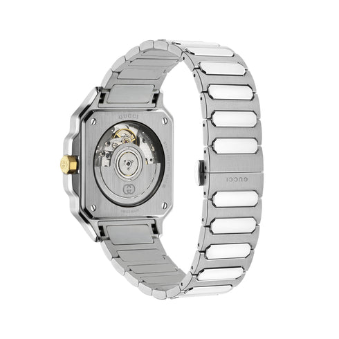 G-Flat 36mm stainless steel case, Silver opaline dial with 18kt gold plating, date at 3 o'clock, Stainless steel bracelet YA166403