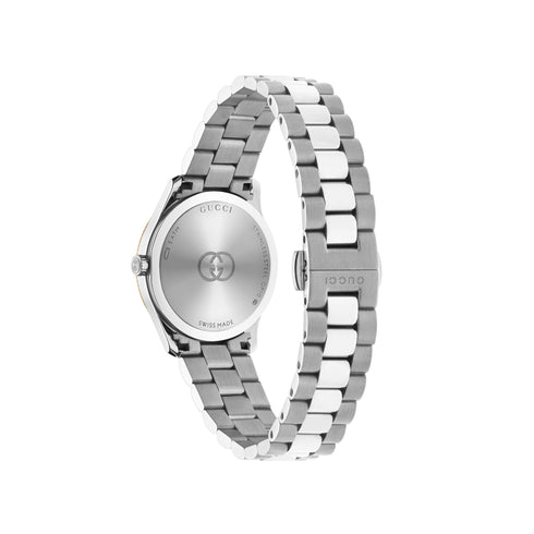G-Timeless 29 mm stainless steel case, pink gold-plated bezel, silver dial, stainless steel bracelet, quartz movement YA1265070