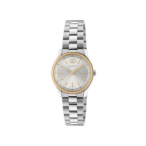 G-Timeless 29 mm stainless steel case, pink gold-plated bezel, silver dial, stainless steel bracelet, quartz movement YA1265070