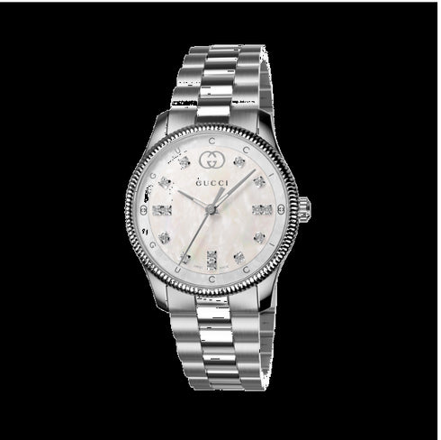 G-Timeless 29 mm stainless steel case, white mother of pearl dial with and Gucci lettering, diamond indexes, stainless steel bracelet YA1265064