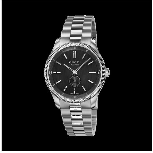 G-Timeless 40 mm stainless steel case, black dial with and Gucci lettering, small seconds display, stainless steel bracelet YA126388