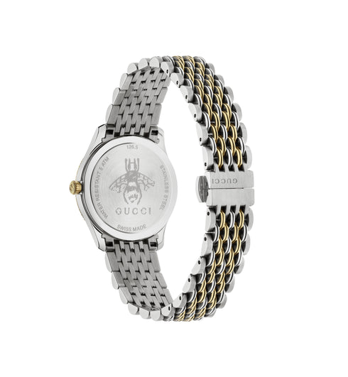 G-Timeless Slim Steel and Yellow gold PVD case, pink dial with bee as seconds hand, 9 links steel and yellow gold PVD bracelet YA1265030