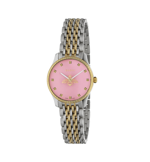 G-Timeless Slim Steel and Yellow gold PVD case, pink dial with bee as seconds hand, 9 links steel and yellow gold PVD bracelet YA1265030