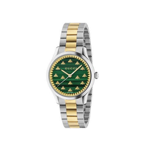 G-Timeless With Bee Motif 32 mm steel case, malachite stone dial with yellow gold plated bees, steel and 18kt yellow gold bracelet YA1265042