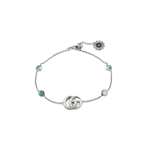GG Marmont Bracelet with and flower motif in shiny aged sterling silver, mother of pearl, blue topaz and turquoise resin YBA527393001
