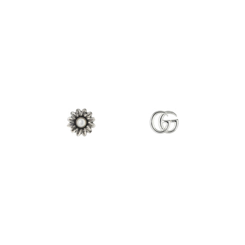 GG Marmont Earrings with and flower motif in shiny aged sterling silver and mother of pearl YBD527390001