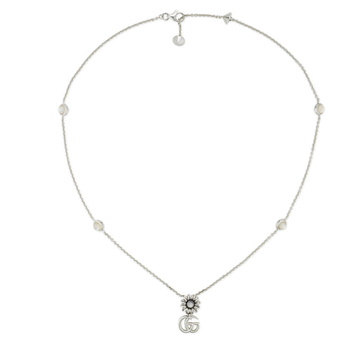 GG Marmont Necklace in sterling silver and mother of pearl with Double G and flower pendant YBB773231001