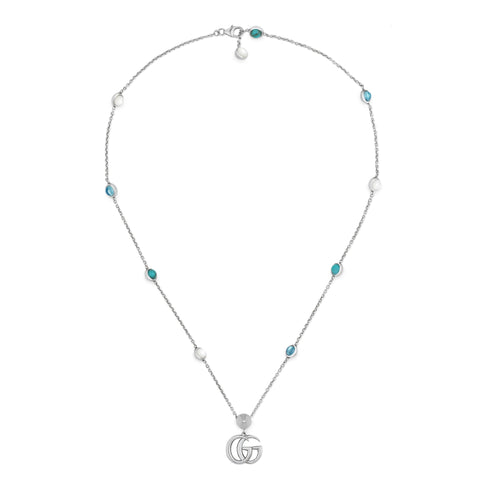 GG Marmont Necklace with pendant in shiny aged sterling silver, mother of pearl, blue topaz and turquoise resin YBB527399001