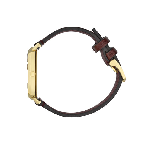 Grip Yellow gold PVD, 3 windows indicating hour, minute & date, bordeaux leather strap YA157411