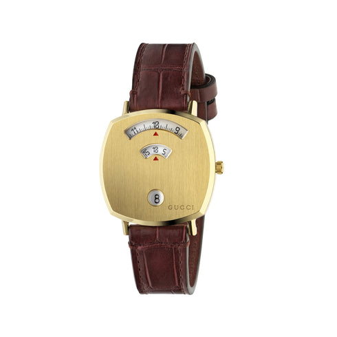 Grip Yellow gold PVD case, 3 windows indicating hour, minute & date, bordeaux alligator strap YA157402