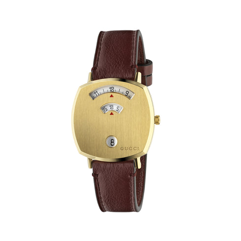 Grip Yellow gold PVD case, 3 windows indicating hour, minute & date, bordeaux leather strap YA157405