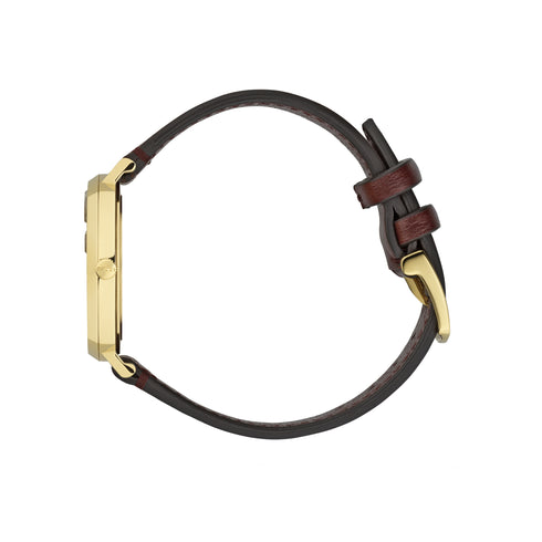 Grip Yellow gold PVD case, 3 windows indicating hour, minute & date, bordeaux leather strap YA157405