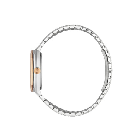 Gucci 25H 30 mm stainless steel multi layered case, pink gold-plated bezel, silver dial, date opening, stainless steel five links interchangeable bracelet, quartz movement YA163508