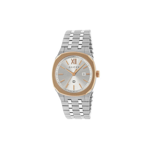 Gucci 25H 30 mm stainless steel multi layered case, pink gold-plated bezel, silver dial, date opening, stainless steel five links interchangeable bracelet, quartz movement YA163508