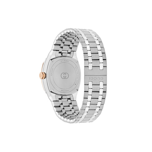 Gucci 25H 30 mm stainless steel multi layered case, pink gold-plated bezel, silver dial, date opening, stainless steel five links interchangeable bracelet, quartz movement YA163508