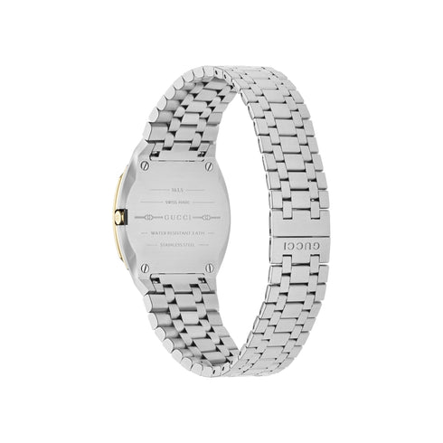 Gucci 25H 30mm stainless steel and 18k yellow gold plated multi layered case, golden brass dial with motif, five links stainless steel bracelet YA163502