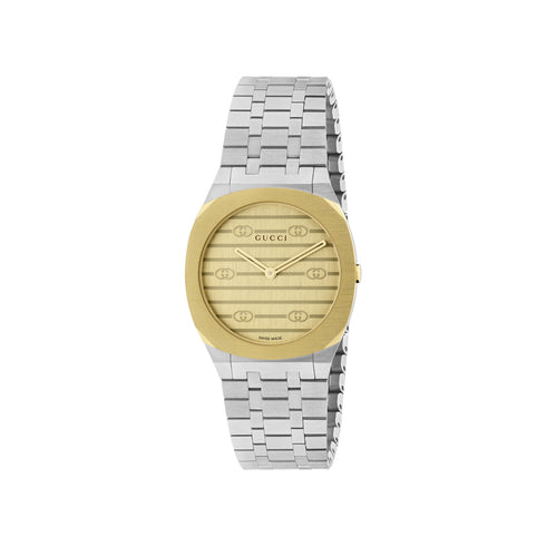 Gucci 25H 30mm stainless steel and 18k yellow gold plated multi layered case, golden brass dial with motif, five links stainless steel bracelet YA163502