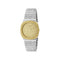 Gucci 25H 30mm stainless steel and 18k yellow gold plated multi layered case, golden brass dial with motif, five links stainless steel bracelet YA163502