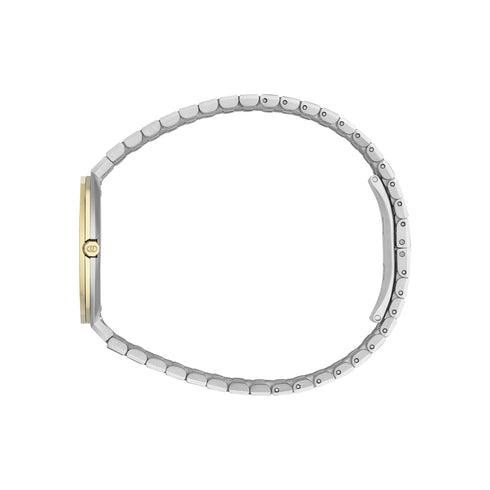 Gucci 25H 30mm stainless steel and 18k yellow gold plated multi layered case, golden brass dial with motif, five links stainless steel bracelet YA163502
