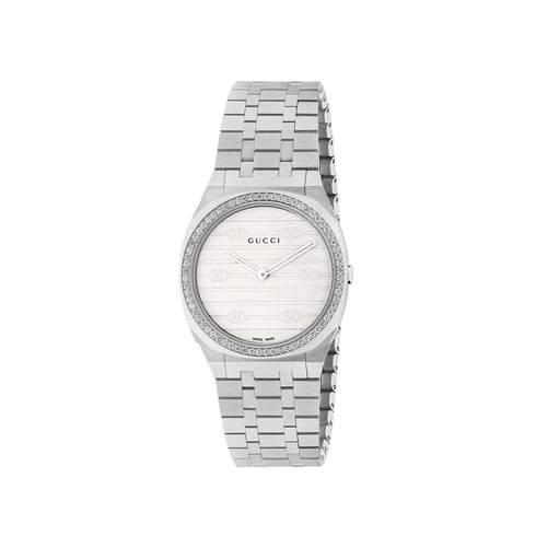 Gucci 25H 30mm stainless steel multi layered case, bezel set with diamonds, white brass dial with motif, five links stainless steel bracelet YA163503