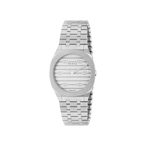 Gucci 25H 30mm stainless steel multi layered case, silver sunbrushed dial with motif, five links stainless steel bracelet YA163501