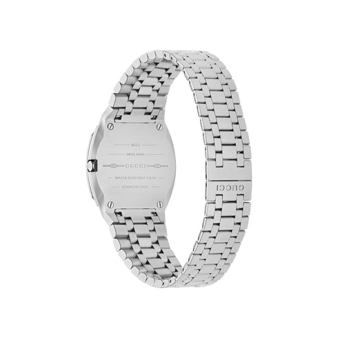 Gucci 25H 30mm stainless steel multi layered case, silver sunbrushed dial with motif, five links stainless steel bracelet YA163501