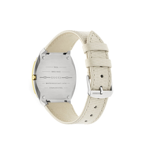 Gucci 25H 34 mm stainless steel and 18 Kt yellow gold plated multi layered case, golden brass dial with GG, white leather strap YA163416