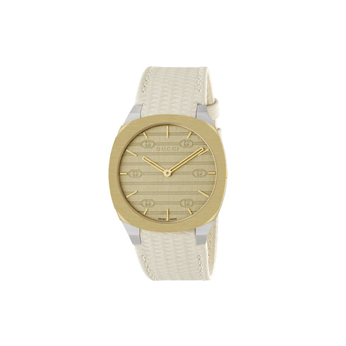 Gucci 25H 34 mm stainless steel and 18 Kt yellow gold plated multi layered case, golden brass dial with GG, white leather strap YA163416