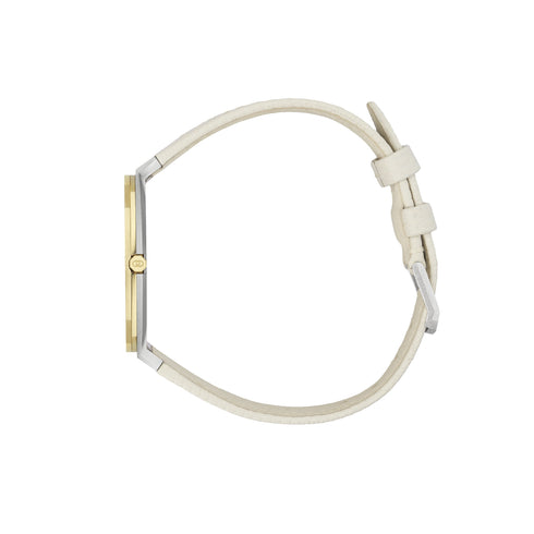 Gucci 25H 34 mm stainless steel and 18 Kt yellow gold plated multi layered case, golden brass dial with GG, white leather strap YA163416