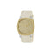Gucci 25H 34 mm stainless steel and 18 Kt yellow gold plated multi layered case, golden brass dial with GG, white leather strap YA163416