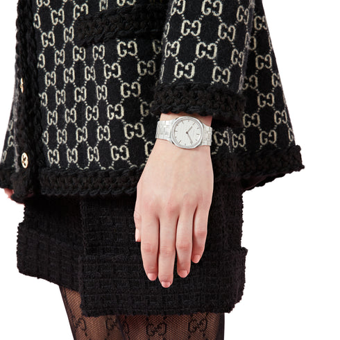 Gucci 25H 34mm stainless steel multi layered case, bezel set with diamonds, white brass dial with GG, five links stainless steel bracelet YA163401