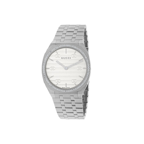 Gucci 25H 34mm stainless steel multi layered case, bezel set with diamonds, white brass dial with GG, five links stainless steel bracelet YA163401