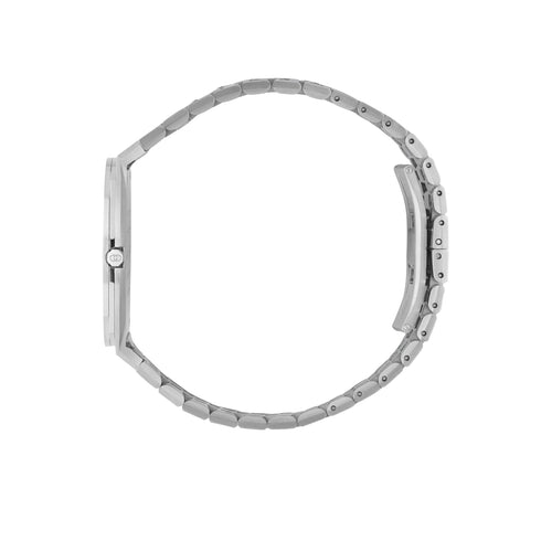 Gucci 25H 34mm stainless steel multi layered case, bezel set with diamonds, white brass dial with GG, five links stainless steel bracelet YA163401