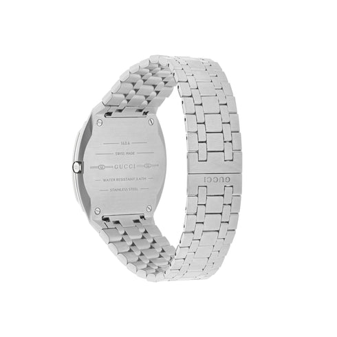 Gucci 25H 34mm stainless steel multi layered case, bezel set with diamonds, white brass dial with GG, five links stainless steel bracelet YA163401