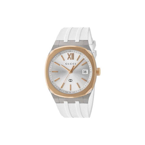 Gucci 25H 36 mm stainless steel multi layered case, pink gold-plated bezel, silver dial, date opening, stainless steel and rubber interchangeable bracelet, quartz movement YA163439