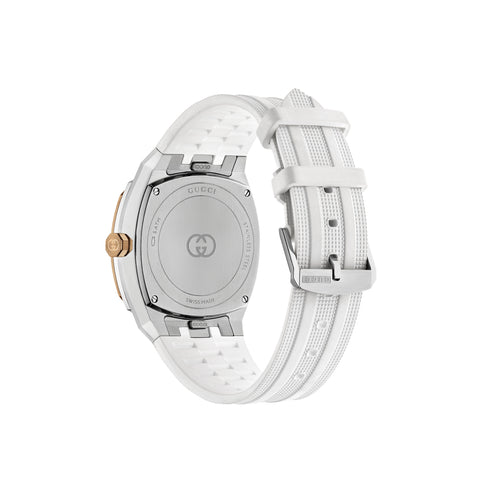 Gucci 25H 36 mm stainless steel multi layered case, pink gold-plated bezel, silver dial, date opening, stainless steel and rubber interchangeable bracelet, quartz movement YA163439