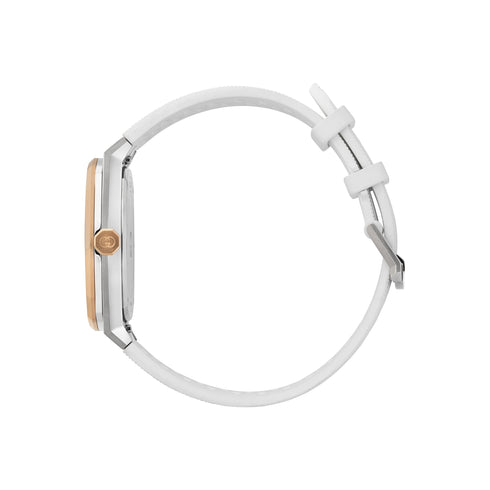 Gucci 25H 36 mm stainless steel multi layered case, pink gold-plated bezel, silver dial, date opening, stainless steel and rubber interchangeable bracelet, quartz movement YA163439