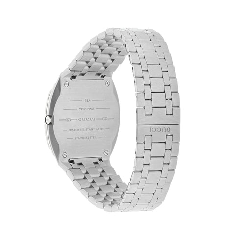 Gucci 25H 38mm stainless steel multi layered case, silver brass dial with GG, five links stainless steel bracelet YA163407