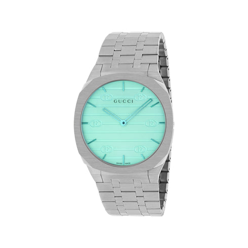 Gucci 25H 38mm stainless steel multi layered case, white dial with motif and ocean blue colored glass, five links stainless steel bracelet YA163409