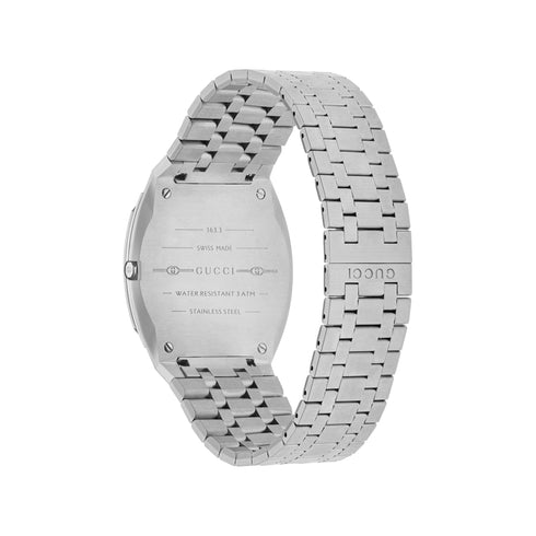 Gucci 25H 38mm stainless steel multi layered case, white dial with motif and ocean blue colored glass, five links stainless steel bracelet YA163409
